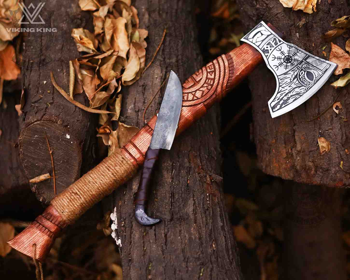 Hand Forged Viking Axe & Knife Set with Leather Sheaths – Medieval Norse Camping & Collectible Gift
