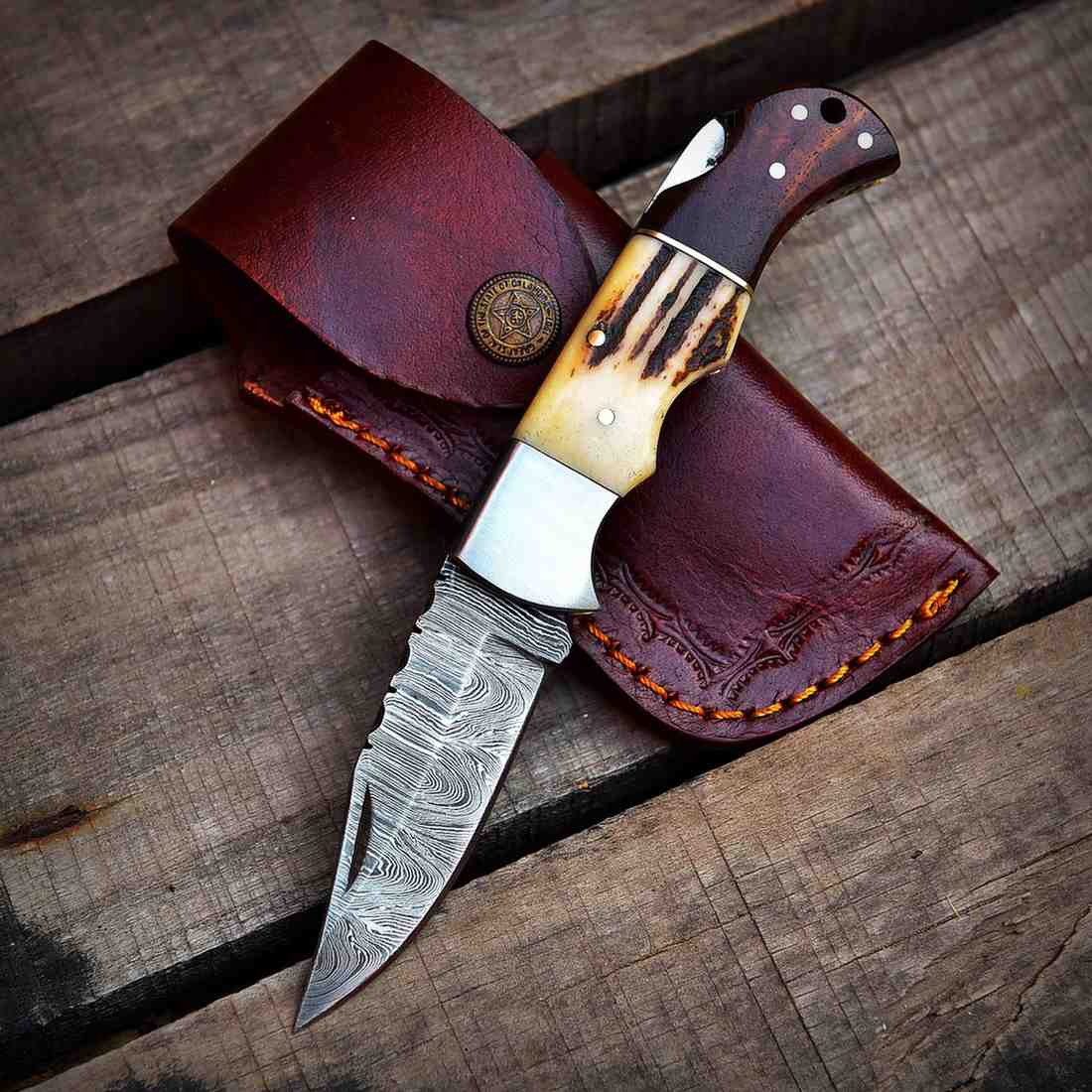 Personalized Damasus Steel Folding Knife Stag Horn Rose Wood Handle Pocket Knife Perfect Gift For Father, Dad, Husband, Gift for Anniversary