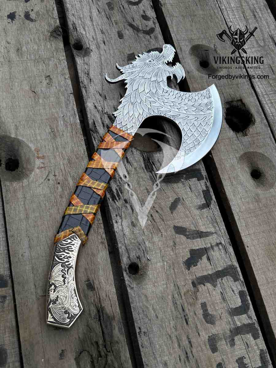 Hand Forged Dragon Viking Axe | Ornate Decorative Battle Axe with Carved Dragon Head & Leather Handle - Viking King