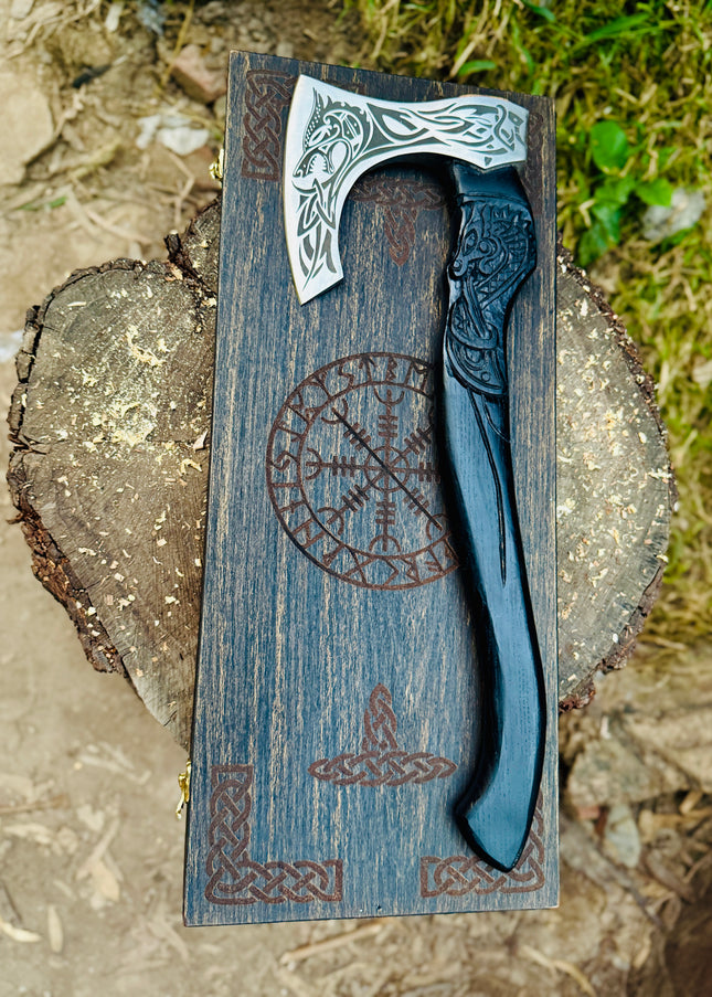 Hand Forged Fenrir Wolf Axe: Functional Viking Bearded Axe with Sheath Christmas Gift, Gift for him