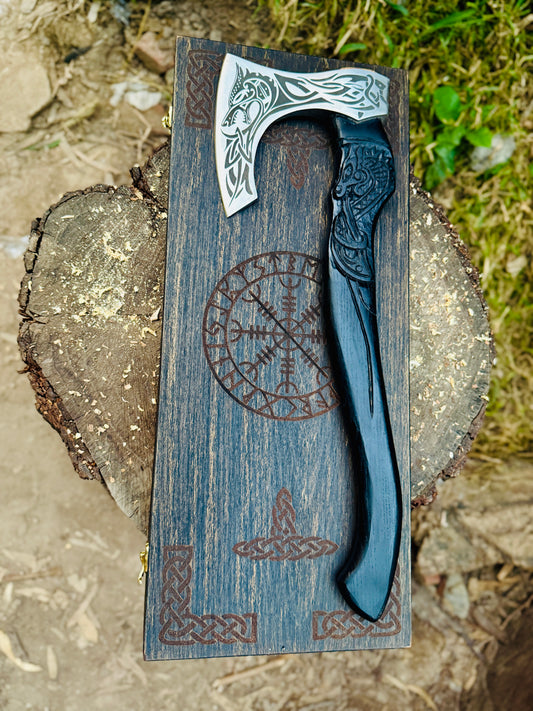 Hand Forged Fenrir Wolf Axe: Functional Viking Bearded Axe with Sheath Christmas Gift, Gift for him