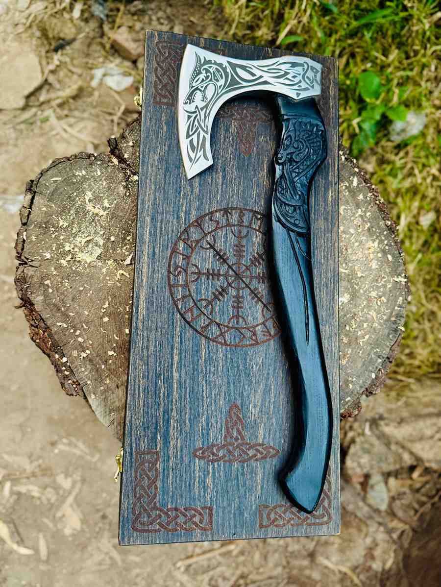 Viking Bearded Axe with Norse Engravings – Handmade Nordic Collector Decor Axe