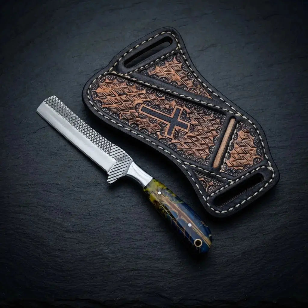 8-inch cowboy bull cutter knife with resin and pinecone handle and horse rasp steel blade