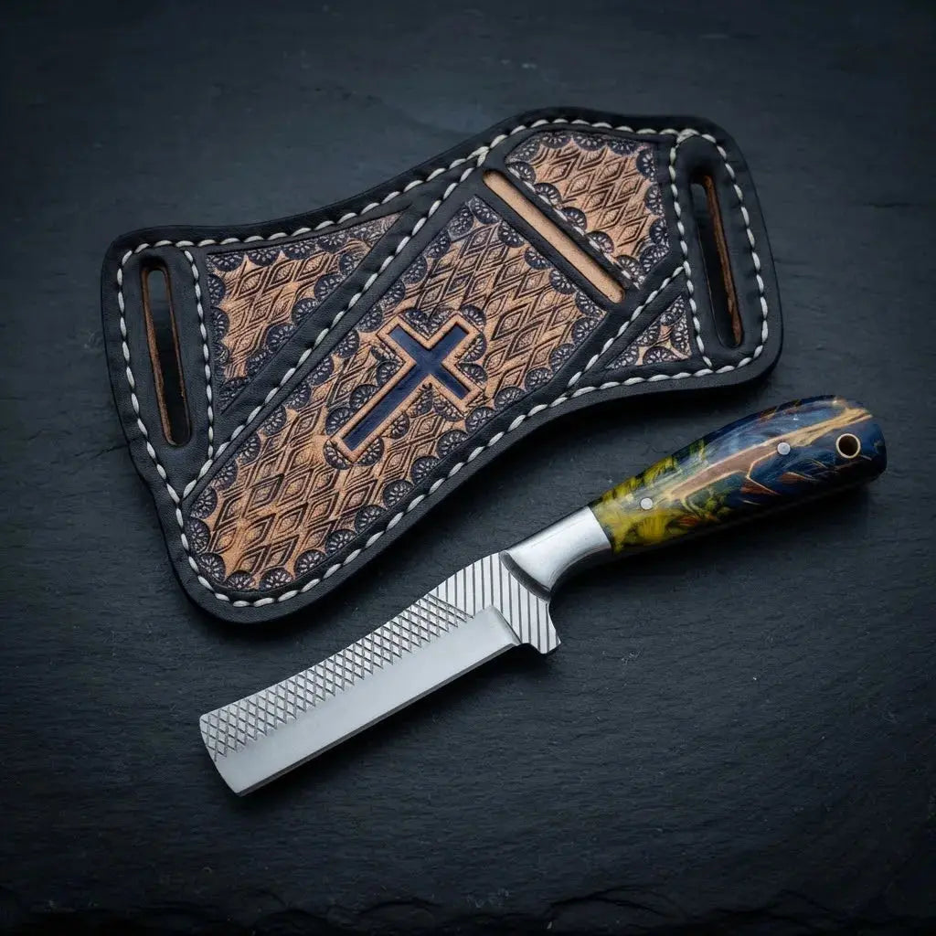 Horse rasp steel bull cutter knife with steel bolster and pinecone resin handle