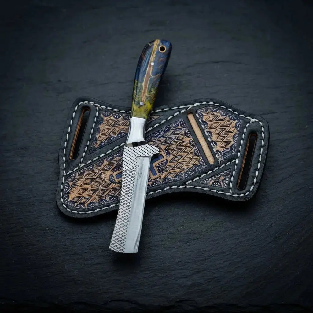8-inch western bull cutter knife with hand-stitched decorated cross-draw leather sheath