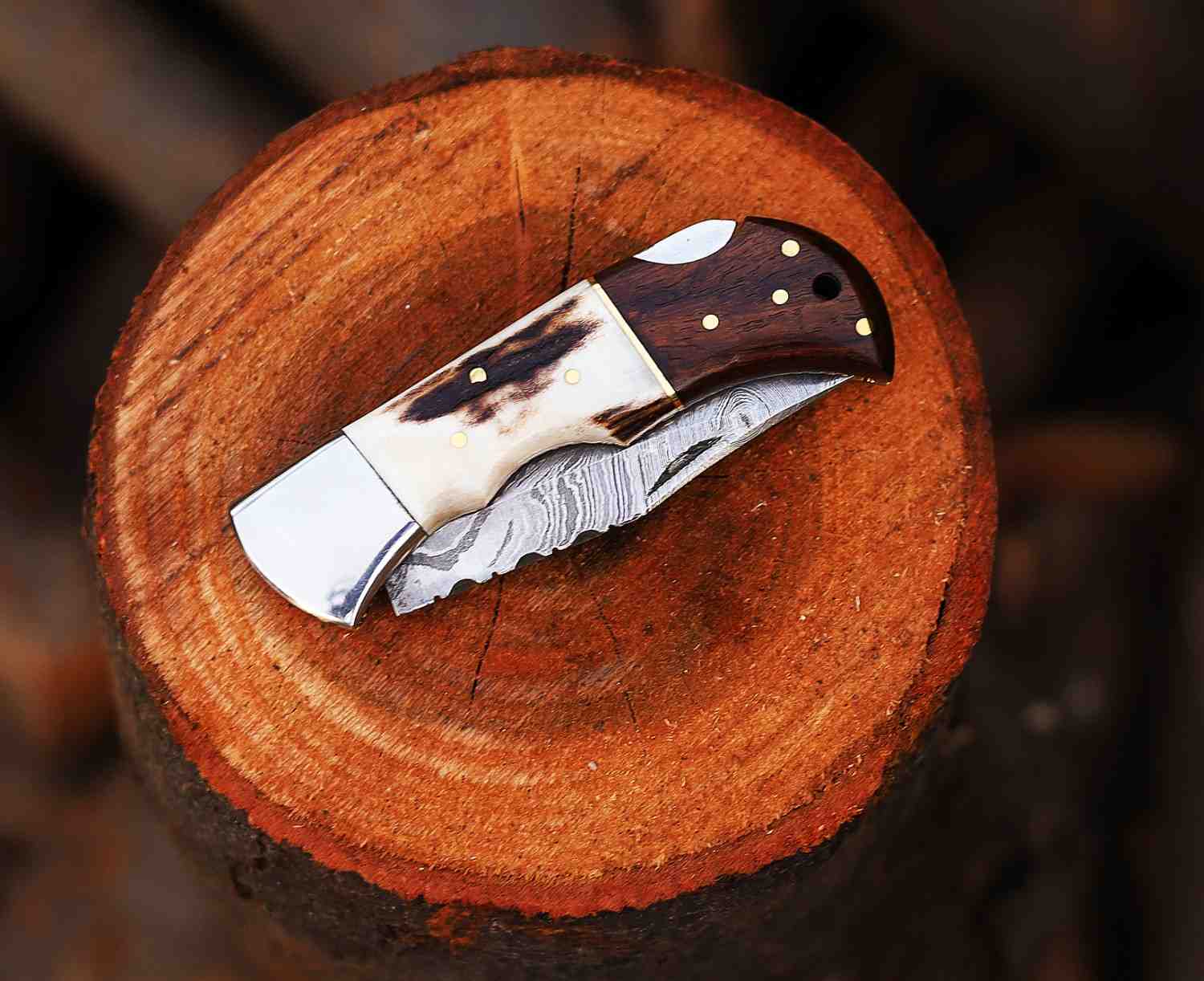 Personalized Damasus Steel Folding Knife Stag Horn Rose Wood Handle Pocket Knife Perfect Gift For Father, Dad, Husband, Gift for Anniversary