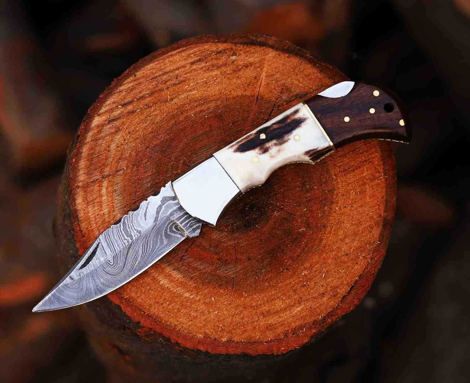 Personalized Damasus Steel Folding Knife Stag Horn Rose Wood Handle Pocket Knife Perfect Gift For Father, Dad, Husband, Gift for Anniversary
