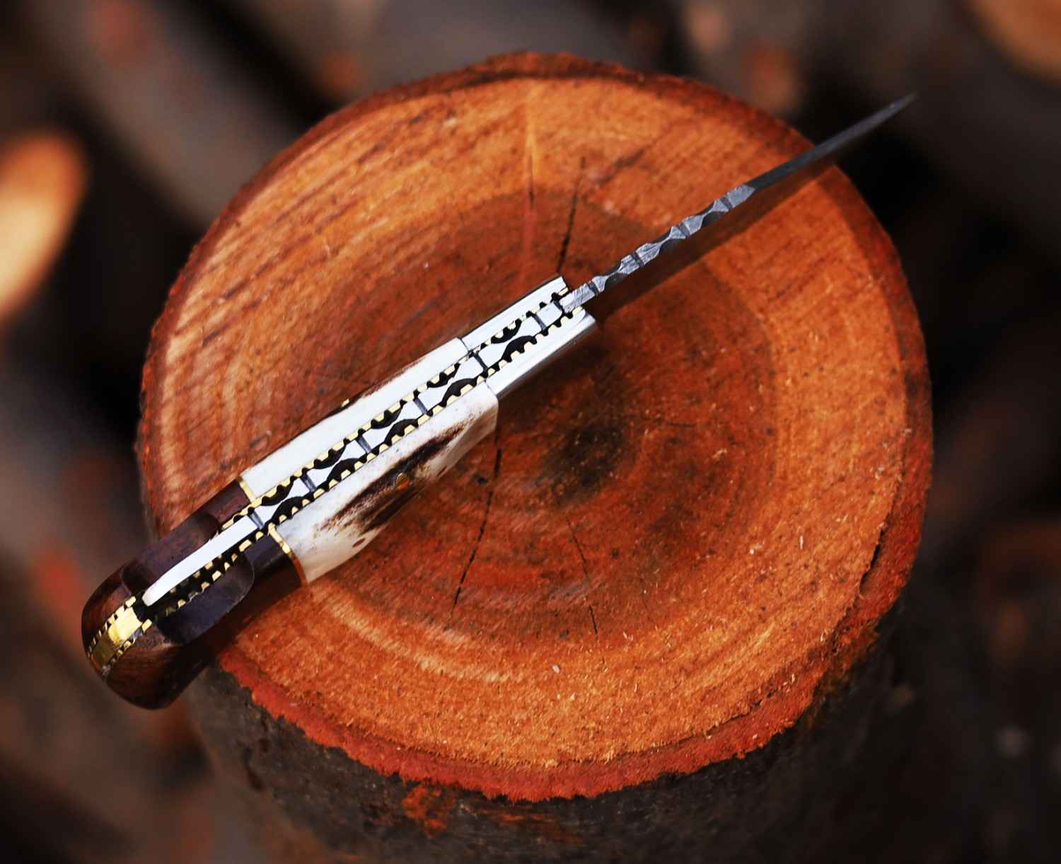 Personalized Damasus Steel Folding Knife Stag Horn Rose Wood Handle Pocket Knife Perfect Gift For Father, Dad, Husband, Gift for Anniversary