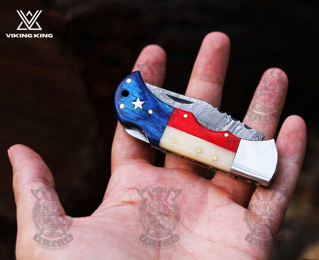 Handmade Damascus Folding Pocket Knife – EDC Knife with Patriotic Handle