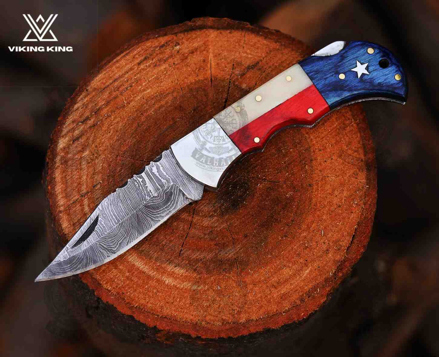 Handmade Damascus Folding Pocket Knife – EDC Knife with Patriotic Handle