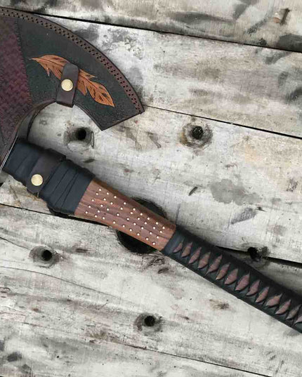 Engraved Viking Axe – Handmade Bearded Axe with Carved Wooden Handle & Leather Sheath, Custom Norse Gift, Halloween Gifts