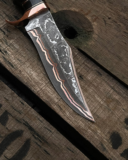 Handmade Copper Damascus Hunting Knife | Ladder Pattern Bowie Knife | Epoxy Handle | Custom Gift for Him | Collector Blade