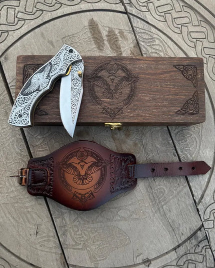 Handmade Viking Raven Folding Knife: Engraved D2 Steel Blade, Leather Wristband