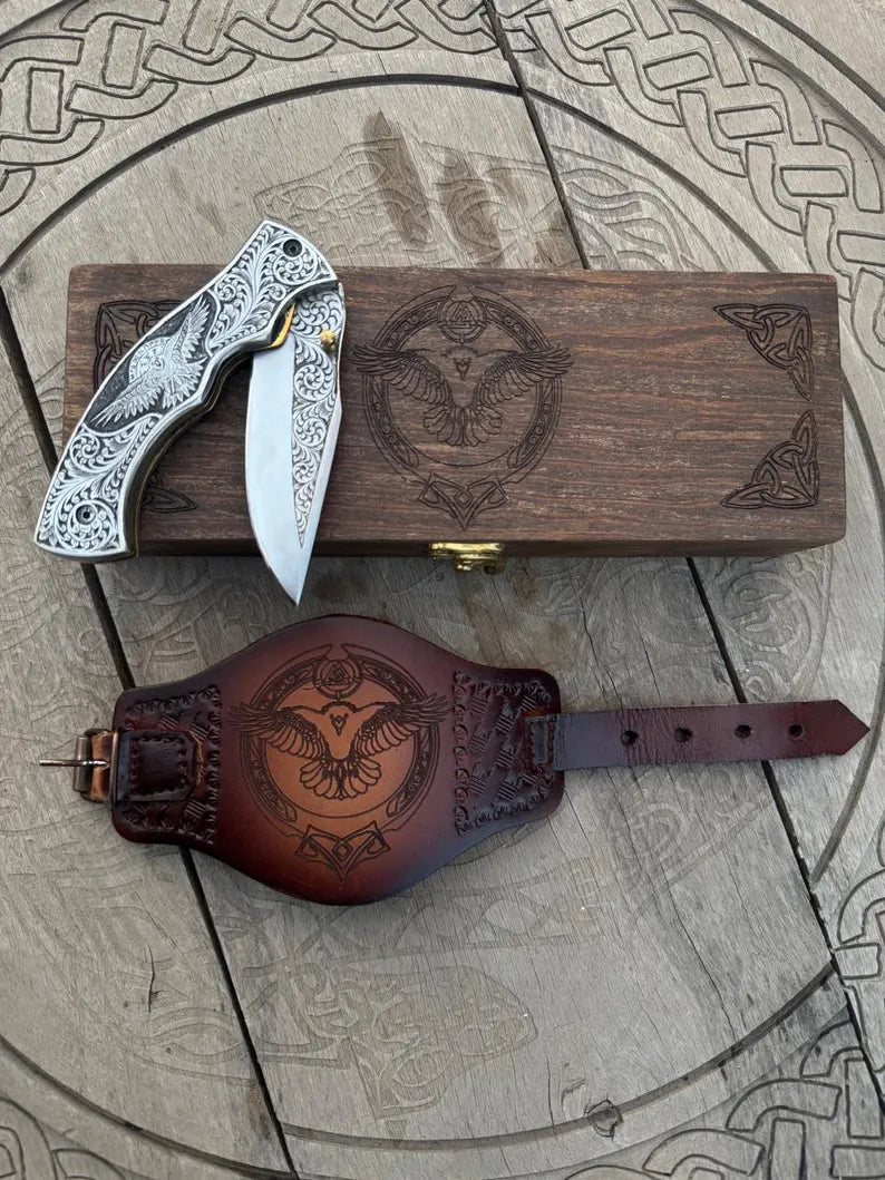 Hand Forged Ornate Viking Folding Knife - Engraved Handle & Leather Sheath