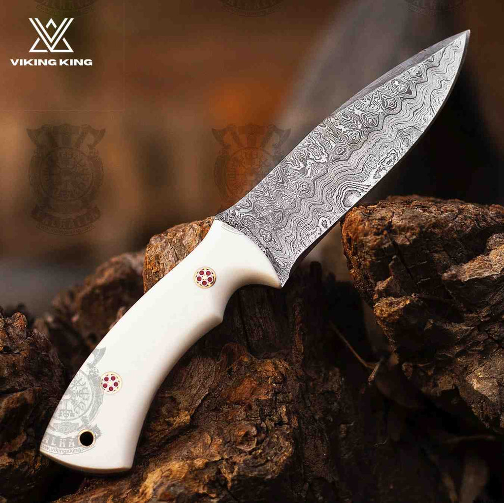Custom Damascus Steel Hunting Knife – Handmade Fixed Blade Knife with White Bone Handle