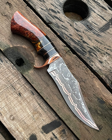 Handmade Copper Damascus Hunting Knife | Ladder Pattern Bowie Knife | Epoxy Handle | Custom Gift for Him | Collector Blade