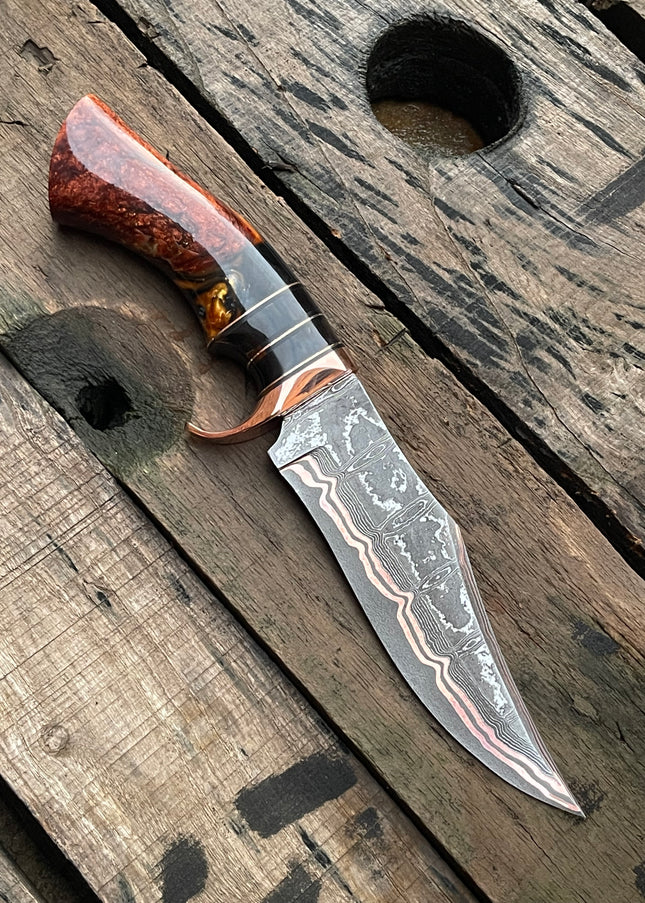 Handmade Copper Damascus Hunting Knife | Ladder Pattern Bowie Knife | Epoxy Handle | Custom Gift for Him | Collector Blade