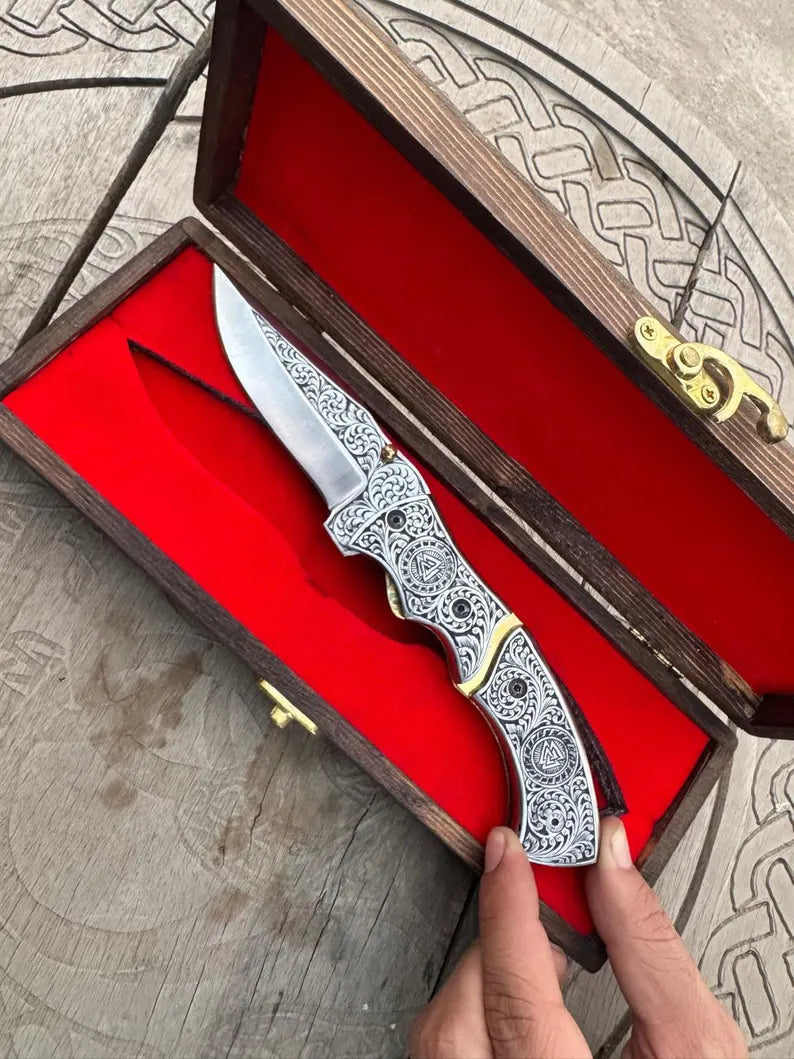 Hand Forged Ornate Viking Folding Knife - Engraved Handle & Leather Sheath