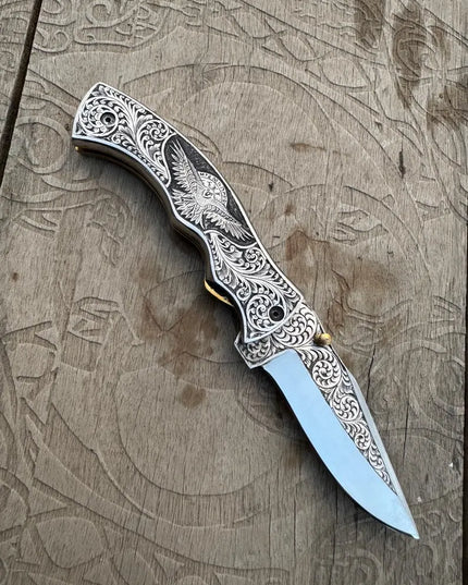 Handmade Viking Raven Folding Knife: Engraved D2 Steel Blade, Leather Wristband