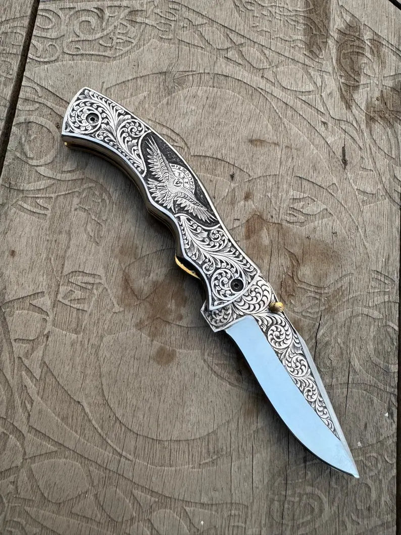 Hand Forged Ornate Viking Folding Knife - Engraved Handle & Leather Sheath