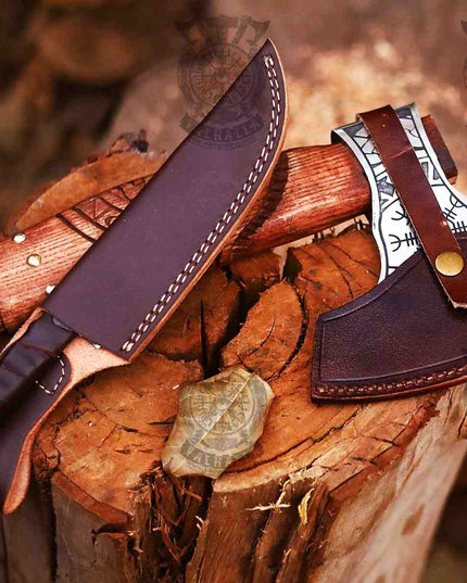 HANDMADE BATTLE AXE WITH ETCHED NORSE SYMBOLS with Raven Knife