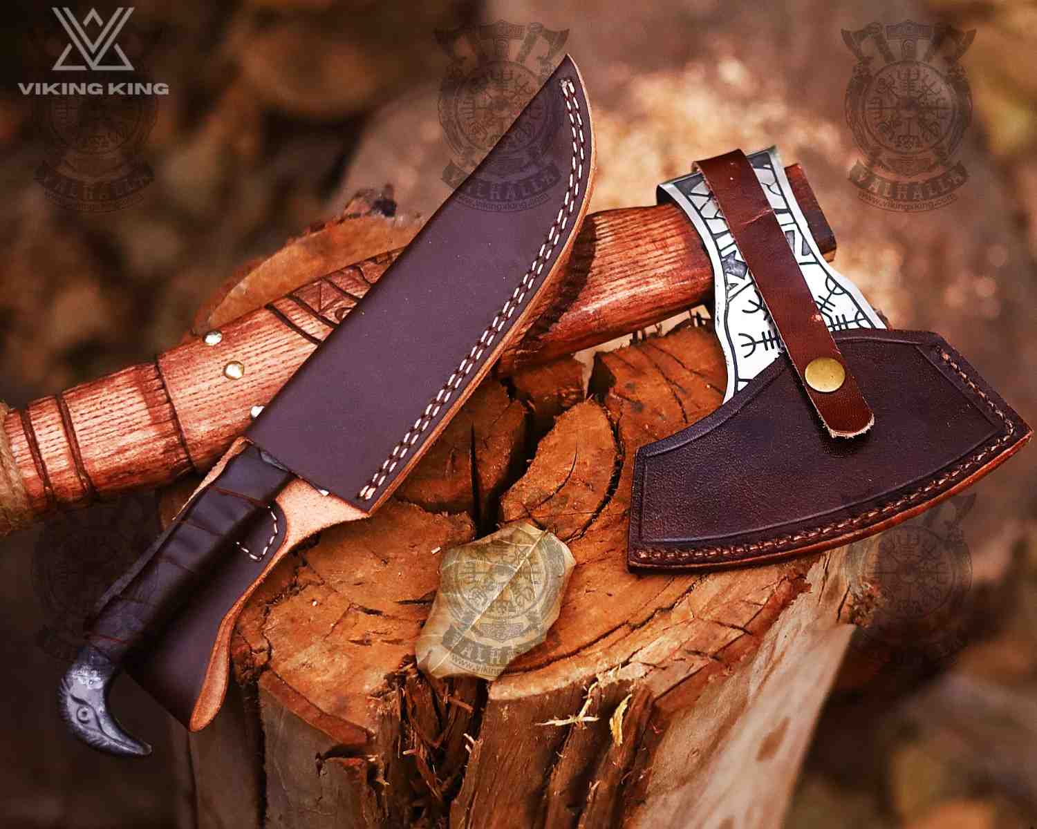 Hand Forged Viking Axe & Knife Set with Leather Sheaths – Medieval Norse Camping & Collectible Gift