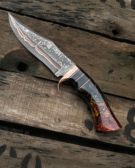 Handmade Copper Damascus Hunting Knife | Ladder Pattern Bowie Knife | Epoxy Handle | Custom Gift for Him | Collector Blade