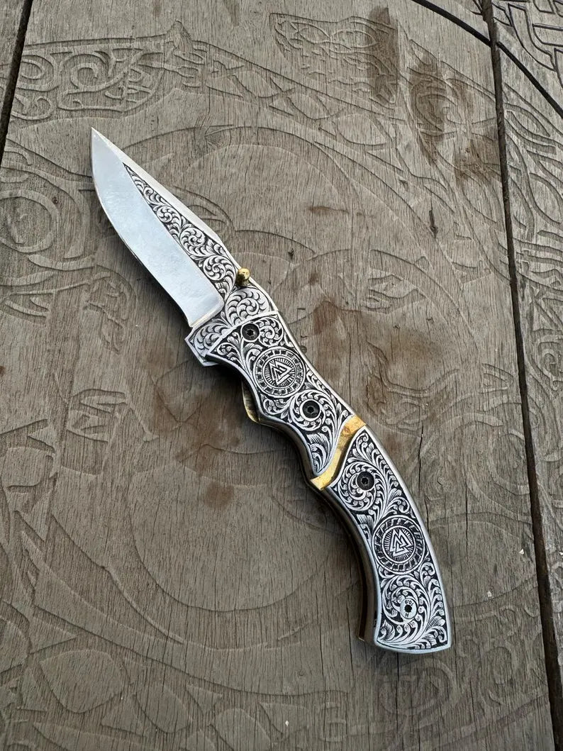 Hand Forged Ornate Viking Folding Knife - Engraved Handle & Leather Sheath