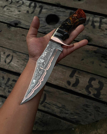 Handmade Copper Damascus Hunting Knife | Ladder Pattern Bowie Knife | Epoxy Handle | Custom Gift for Him | Collector Blade