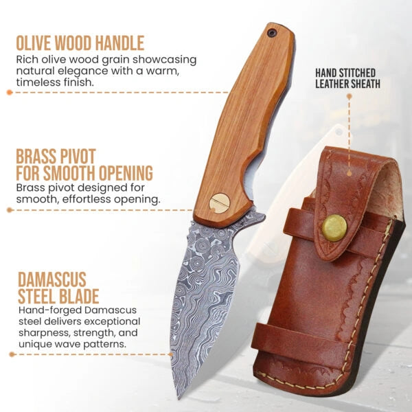 7.0′ Handmade Damascus Pocket Knife with leather sheath, Ball Bearings Fast Open