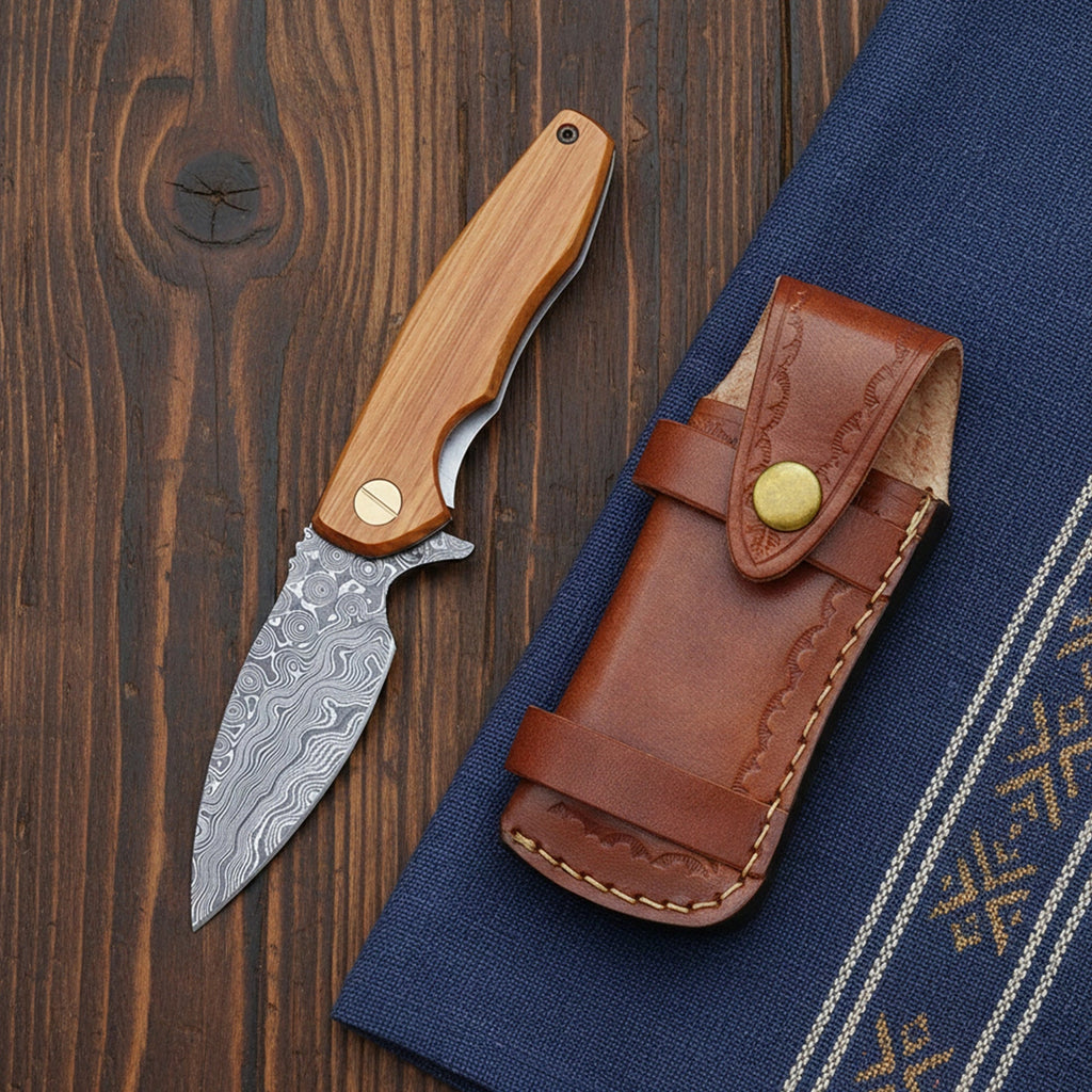 7.0′ Handmade Damascus Pocket Knife with leather sheath, Ball Bearings Fast Open