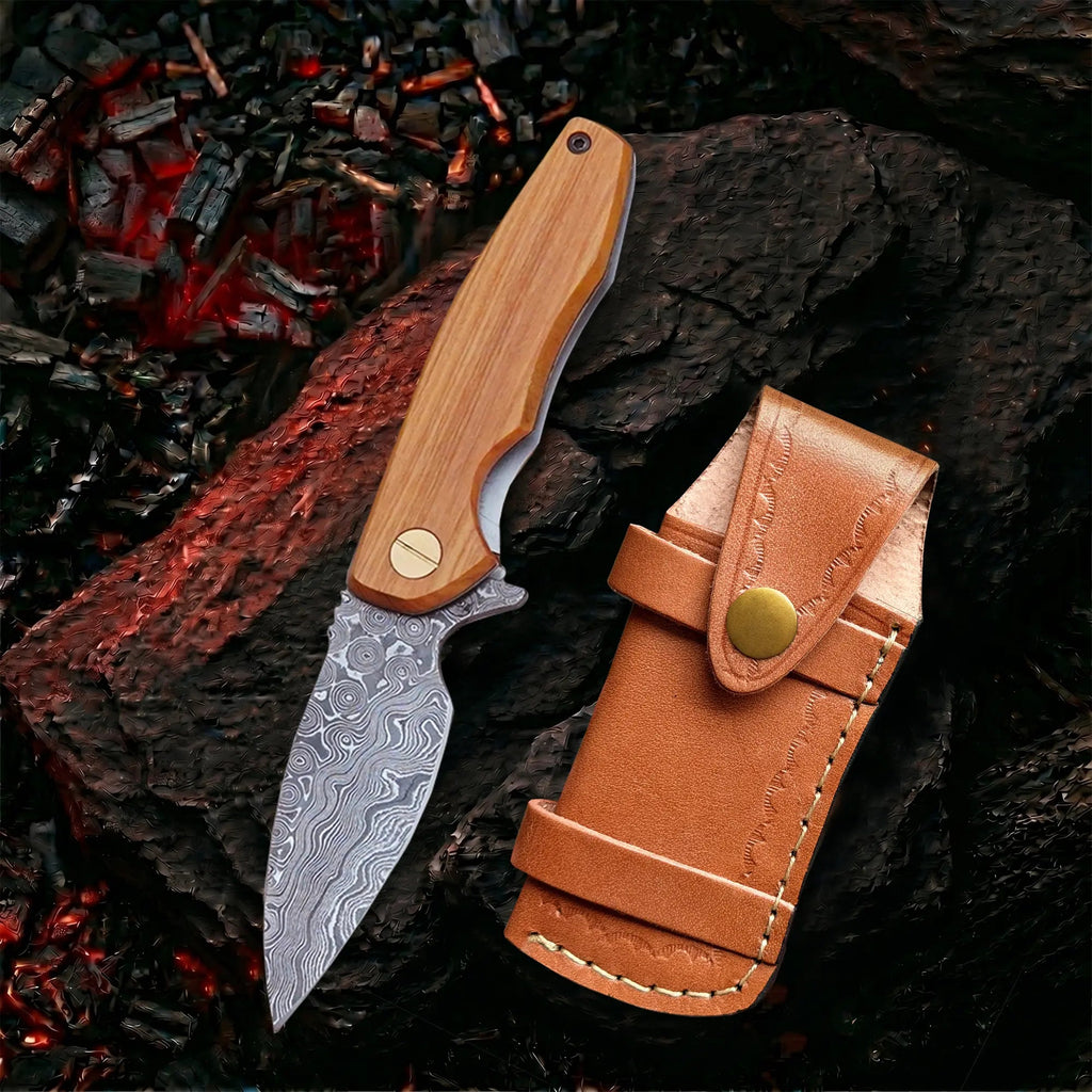 7.0′ Handmade Damascus Pocket Knife with leather sheath, Ball Bearings Fast Open
