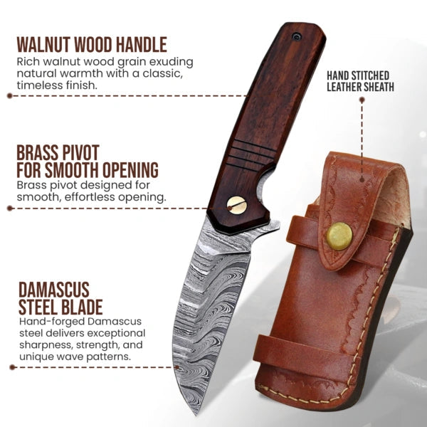 7.5′ Handmade Damascus Steel Walnut Wood Handle Pocket Knife with Leather Sheath | BF-06-WD