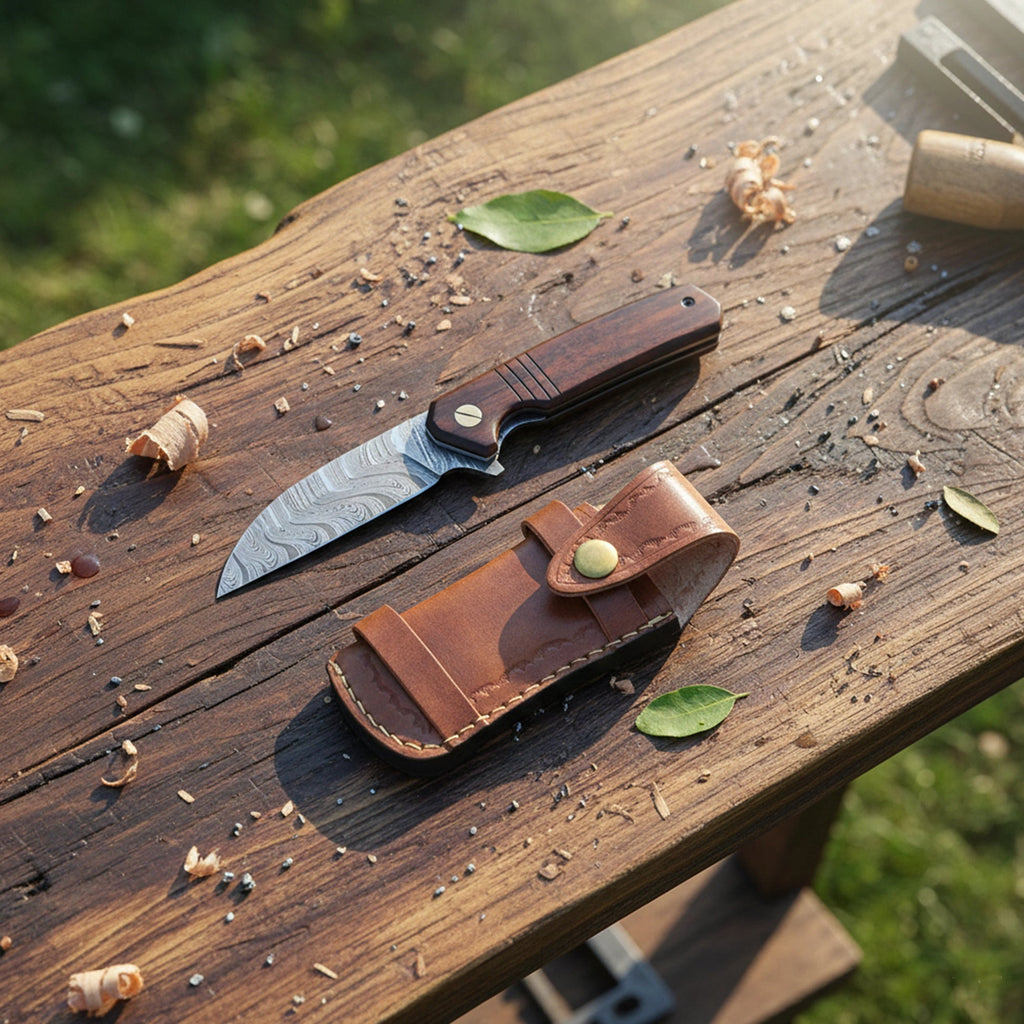 7.5′ Handmade Damascus Steel Walnut Wood Handle Pocket Knife with Leather Sheath | BF-06-WD