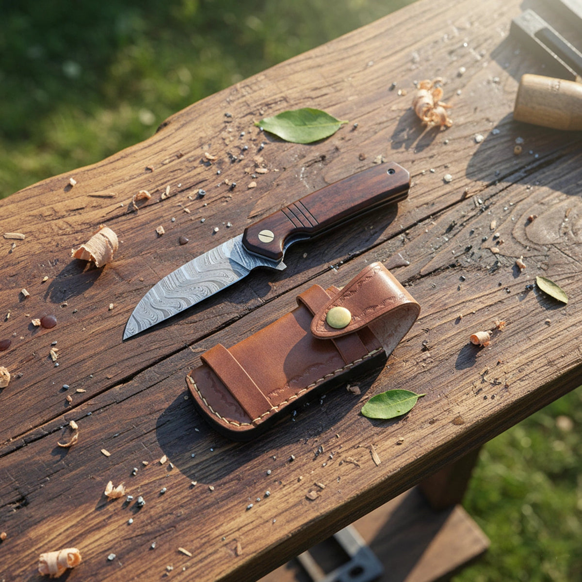 7.5′ Handmade Damascus Steel Walnut Wood Handle Pocket Knife with Leather Sheath | BF-06-WD