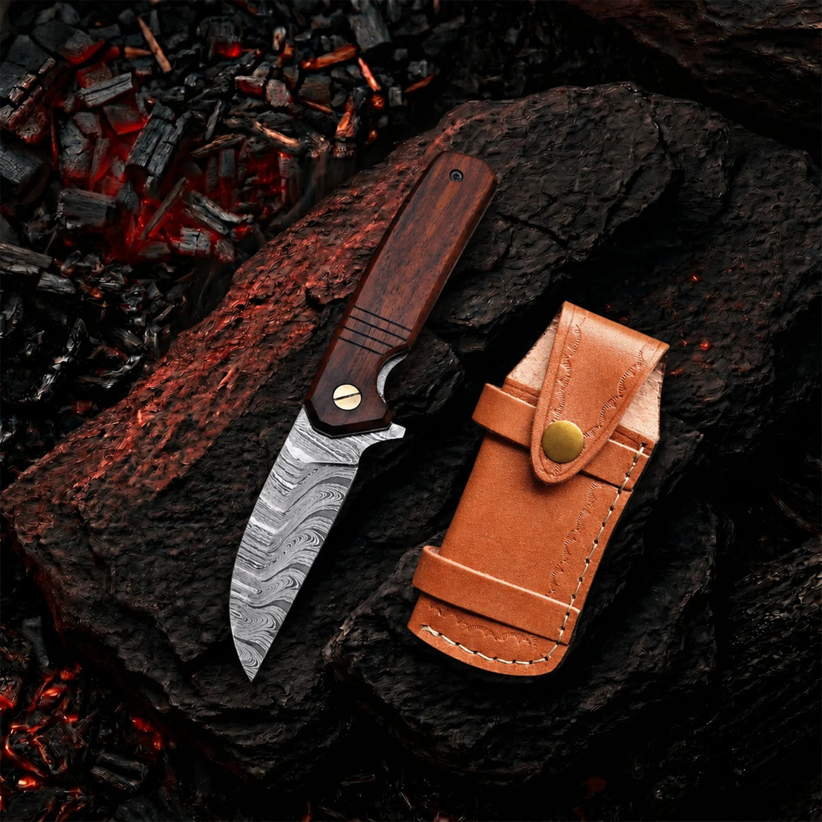 7.5′ Handmade Damascus Steel Walnut Wood Handle Pocket Knife with Leather Sheath | BF-06-WD