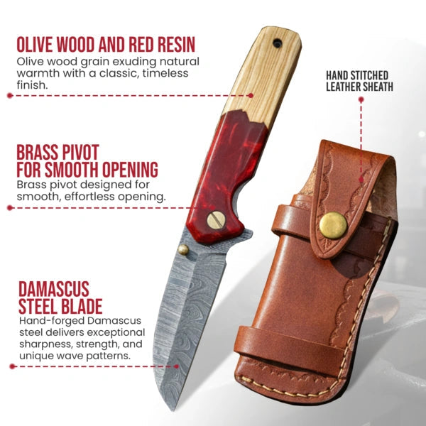 7.5′ Handmade Damascus Steel Olive Wood & Red Resin Handle Pocket Knife with Leather Sheath | BF-07-WR