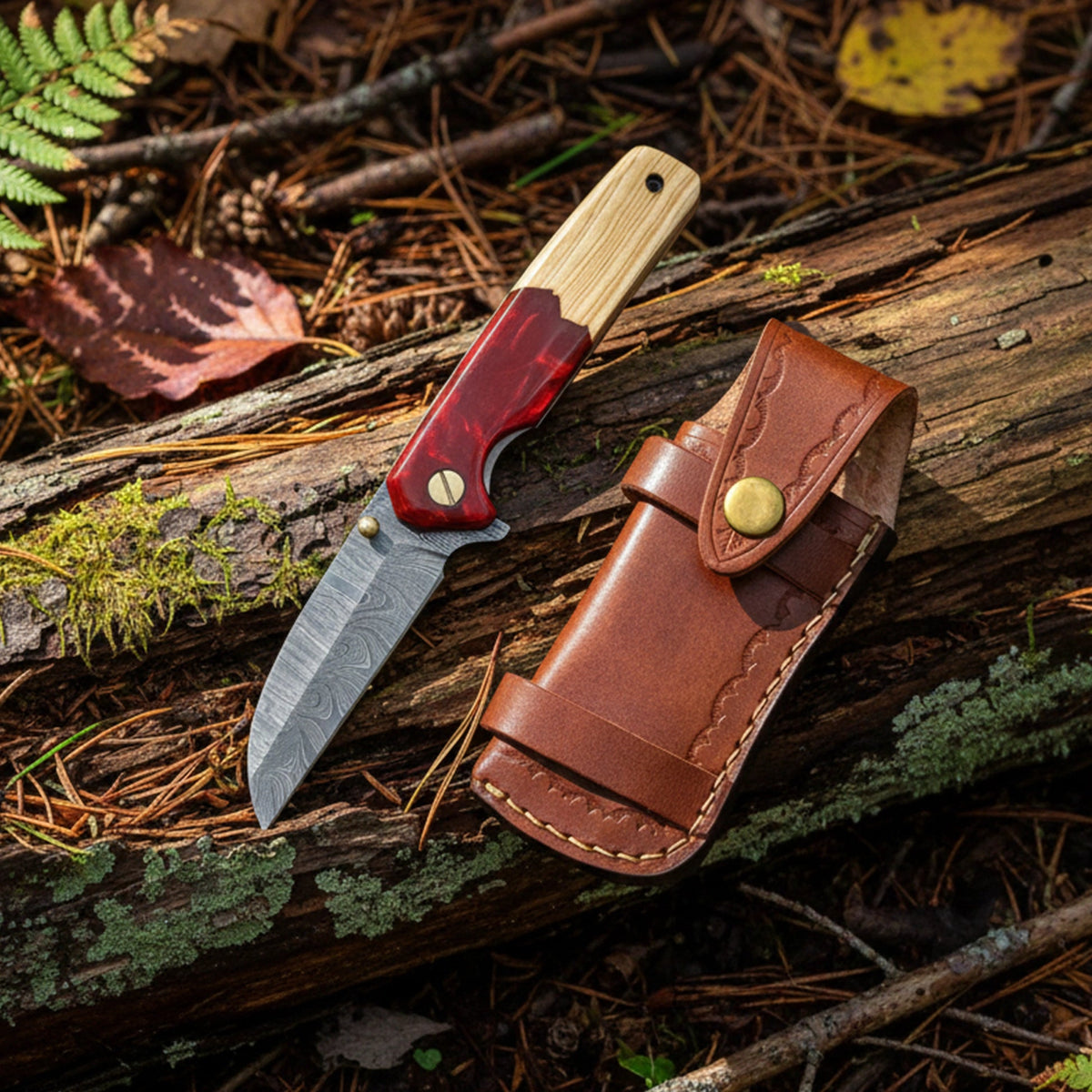 7.5′ Handmade Damascus Steel Olive Wood & Red Resin Handle Pocket Knife with Leather Sheath | BF-07-WR