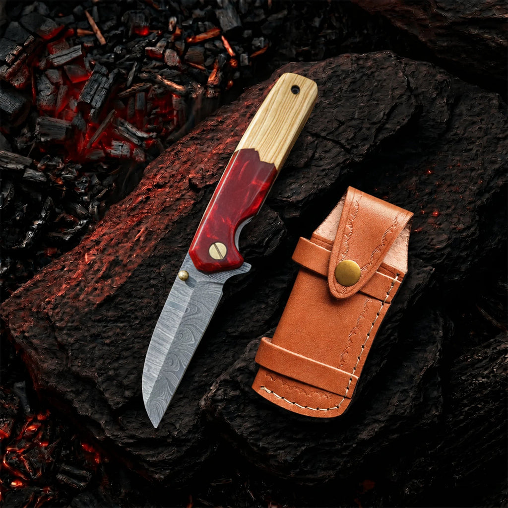 7.5′ Handmade Damascus Steel Olive Wood & Red Resin Handle Pocket Knife with Leather Sheath | BF-07-WR