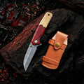 7.5′ Handmade Damascus Steel Olive Wood & Red Resin Handle Pocket Knife with Leather Sheath | BF-07-WR