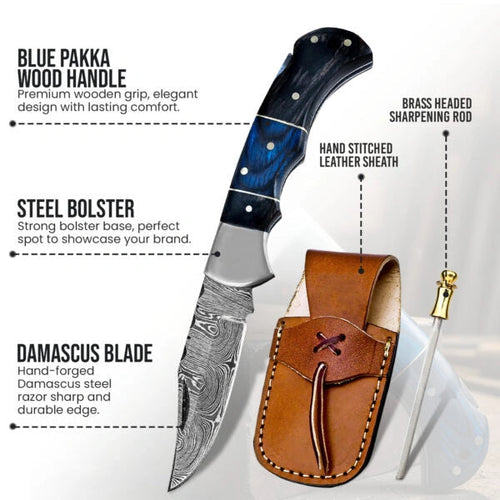 6.5′ Handmade Damascus Pocket knife with Sheath