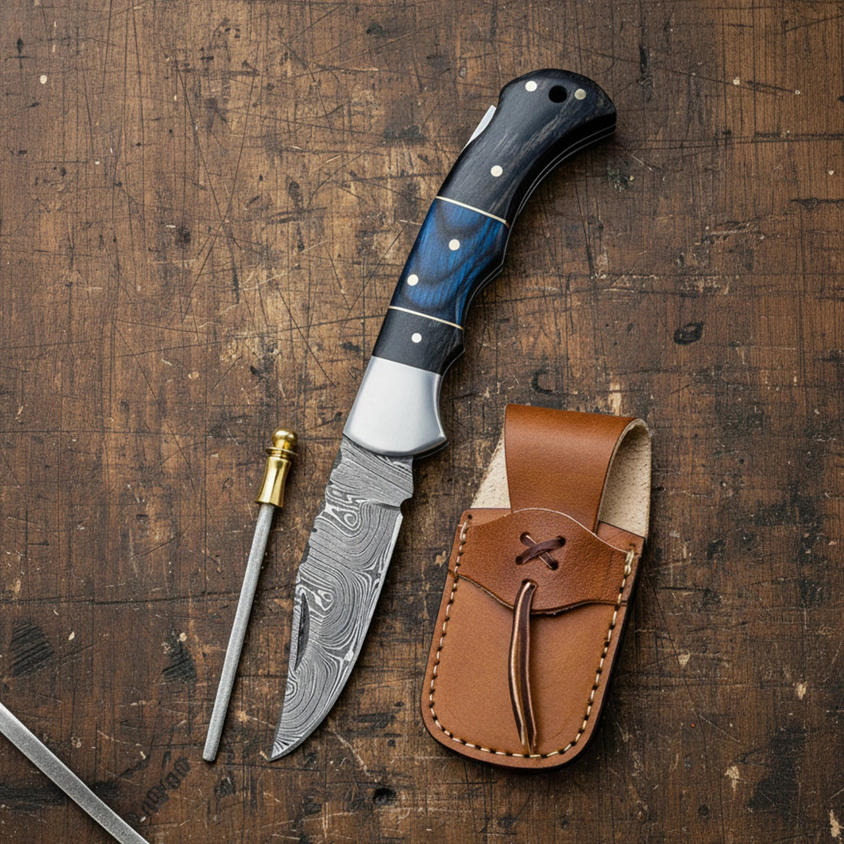 6.5′ Handmade Damascus Pocket knife with Sheath