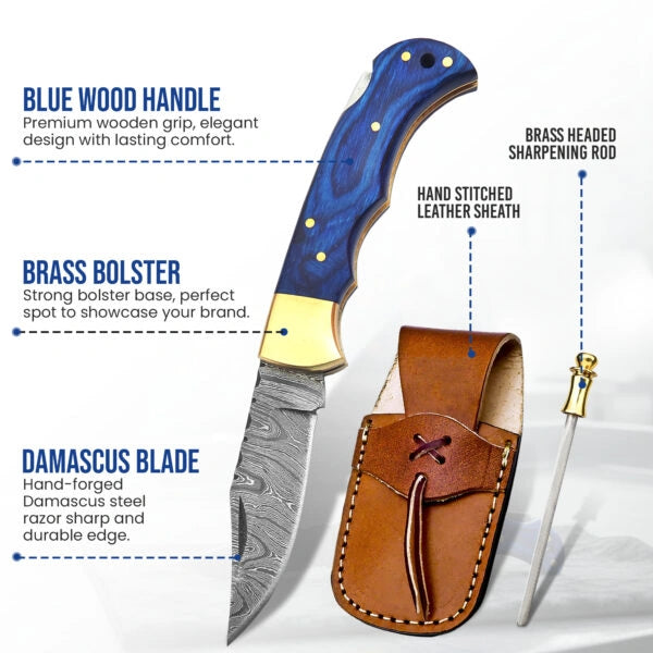 6.5′ Handmade Damascus Steel Pocket Knife with Leather Sheath