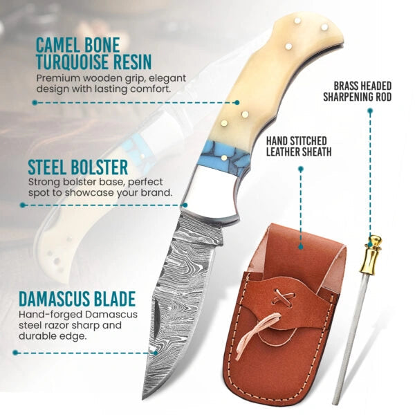 6.5′ Handmade Damascus Steel Pocket Knife with Leather Sheath | BR-001