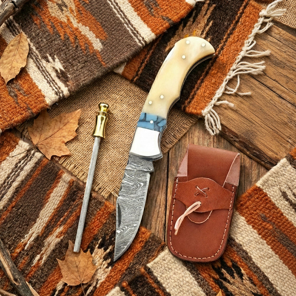 6.5′ Handmade Damascus Steel Pocket Knife with Leather Sheath | BR-001
