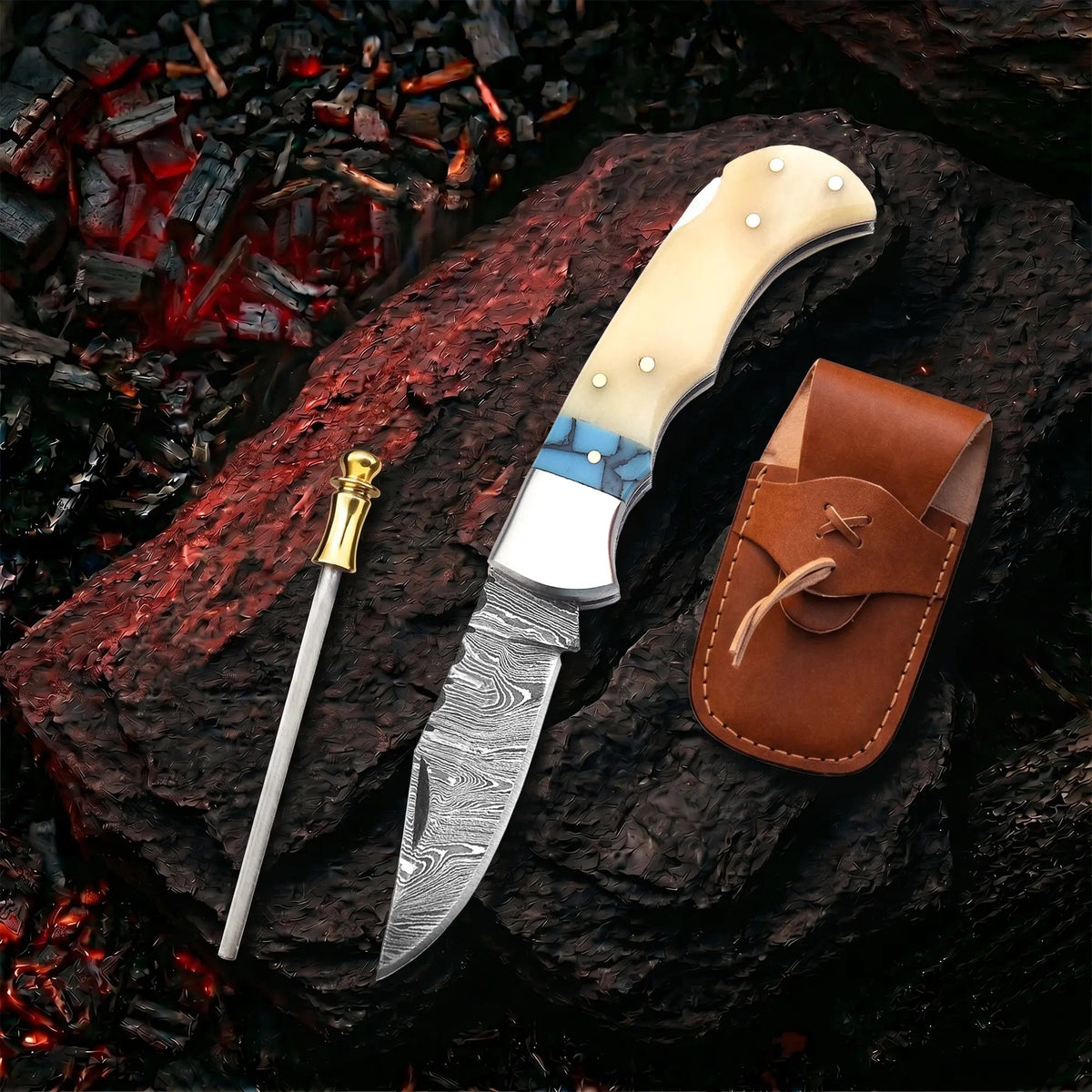 6.5′ Handmade Damascus Steel Pocket Knife with Leather Sheath | BR-001