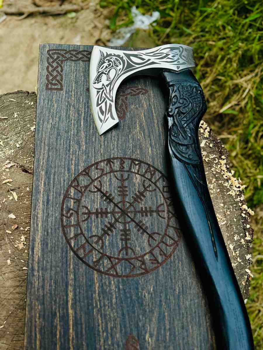 Viking Bearded Axe with Norse Engravings – Handmade Nordic Collector Decor Axe