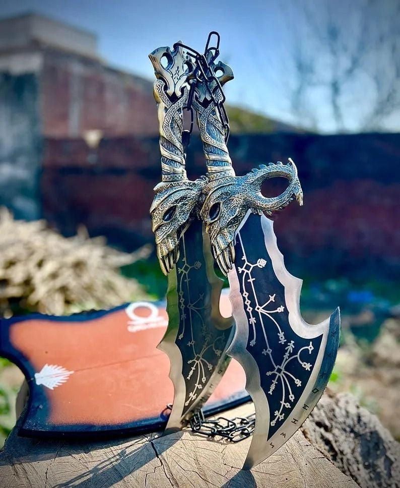 God of War Leviathan Axe Wall Display – Viking Inspired Fantasy Axe with Wooden Plaque