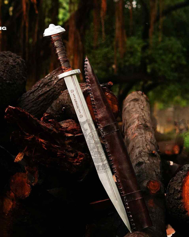 Hand-Forged Viking Seax Knife: Carbon Steel Medieval Blade with Leather Scabbard