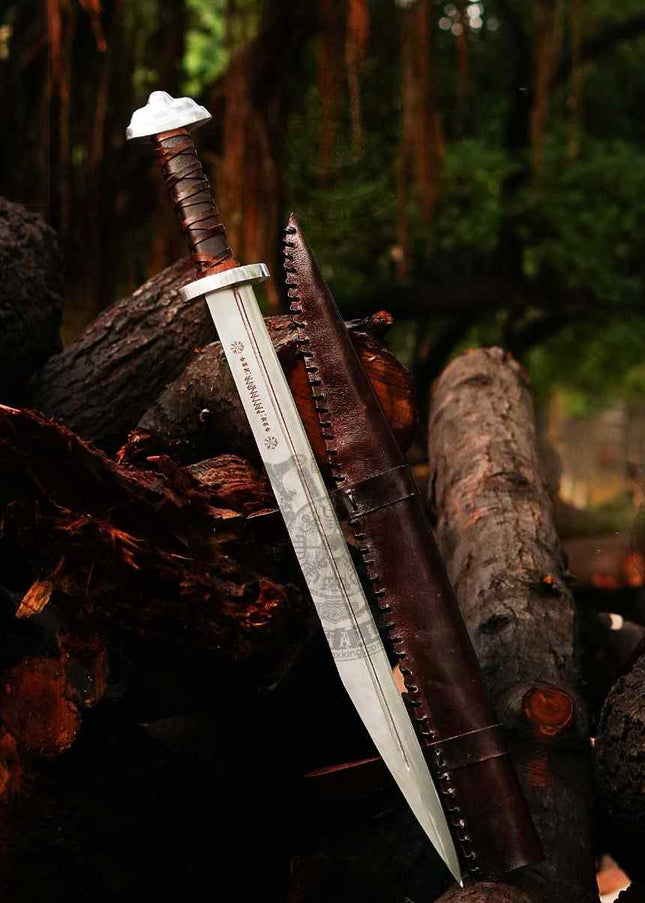 Hand-Forged Viking Seax Knife: Carbon Steel Medieval Blade with Leather Scabbard